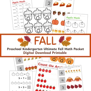 Puede incluir: Un conjunto de hojas de trabajo de matemáticas imprimibles con temática otoñal, adecuadas para preescolar y jardín de infancia. Las hojas de trabajo incluyen imágenes de calabazas, manzanas y bellotas. Se muestra la palabra "FALL".