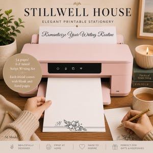 Floral Script Initial Stationery Set, A-Z Cursive Monogram Lined Paper Digital Download, Elegant Alphabet Letter Writing Sheets PDF Pack
