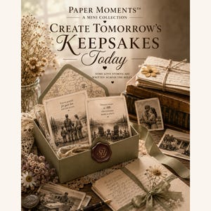 May include: A sage green box containing two illustrated cards with text, surrounded by vintage-style letters, a stack of books, and dried flowers. The cards feature black and white drawings of a family and a lake scene with printed quotes.