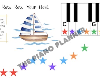 May include: A white background features a watercolor illustration of a sailboat with blue and white striped sails. Text reads "Row Row Row Your Boat" and includes piano key diagrams with colored stars, and instructions for playing the song.