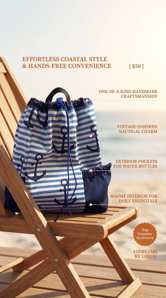 Handmade Nautical Drawstring Bag — Anchors, Stripes & Everyday Function