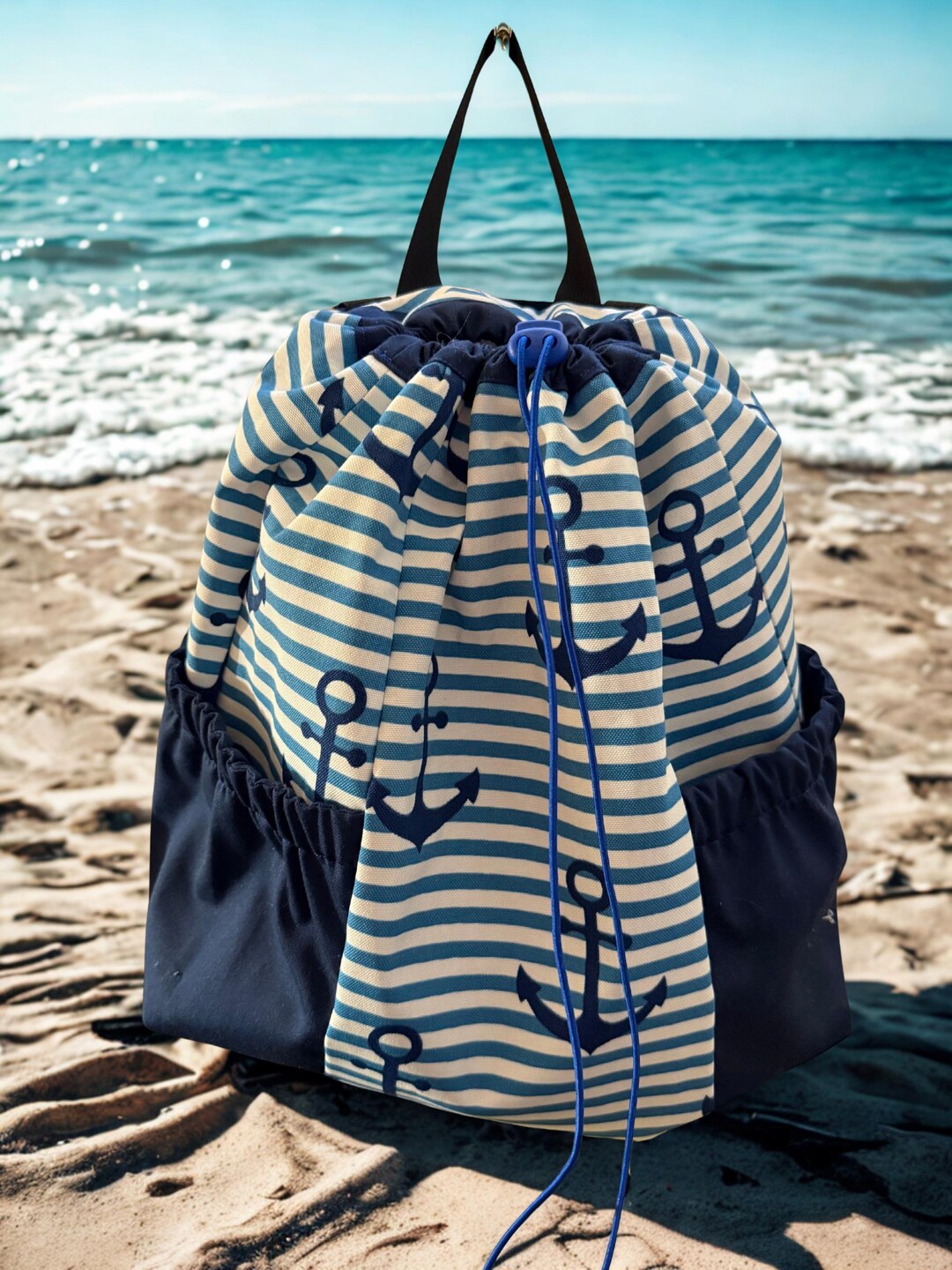 Handmade Nautical Drawstring Bag — Anchors, Stripes & Everyday Function ...