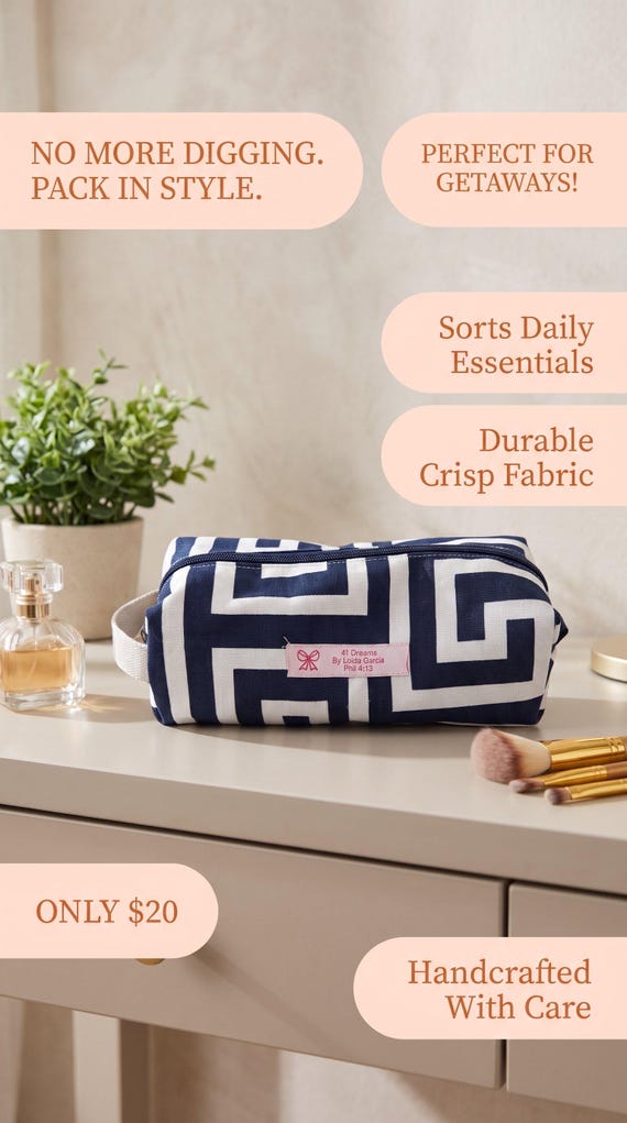 Navy Geometric Makeup Bag – Handmade Zipper Pouch, Small Travel Organizer, Blue & White Cosmetic Bag