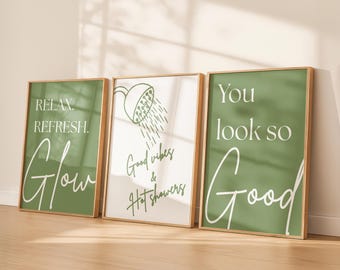 Bathroom Wall Art Set of 3, Good Vibes & Hot Showers art, Sage green Bathroom prints ,you look so good print,modern minimal bathroom art