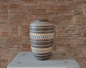 Jarrón vintage alemán de cerámica artesanal – Cerámica hecha a mano, decoración moderna de mediados de siglo, esmalte texturizado marrón y beige