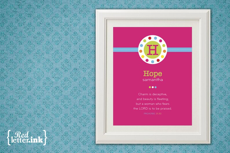 Girl Monogram Print pink, multicolor with circle embellishment Proverbs 31:30 8 x 10 Print image 1