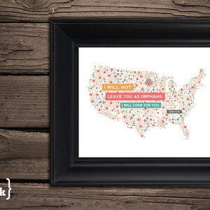 Adoption Wall Print - USA (4 color combinations)  John 14:18 - 8 x 10 Print