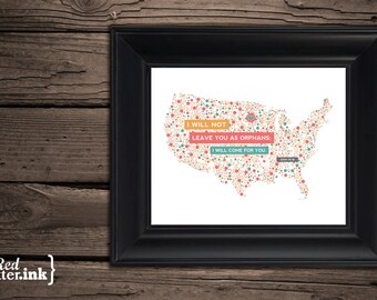 Adoption Wall Print - USA (4 color combinations)  John 14:18 - 8 x 10 Print