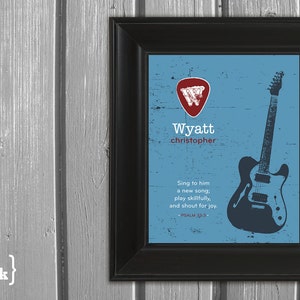 Boy Monogram Print (blue, red, dark gray with electric guitar embellishment)  Psalm 33:3 - 8 x 10 Print