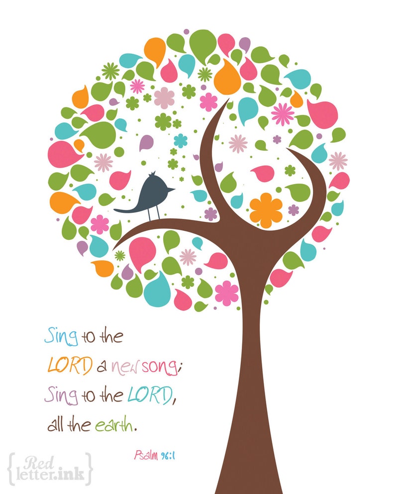 Wall Art pink, Green, Multicolor With Tree/bird Embellishment Psalm 96