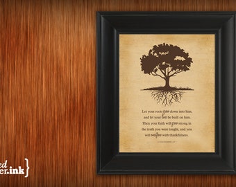 Wall Art - Roots Print (old canvas textured background with chocolate brown text) Colossians 2:7 - 5 x 7 Print