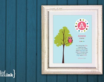 Girl Monogram Print (blue, green, pink, brown with owl in a tree)  Jeremiah 29:11 - 8 x 10 Print