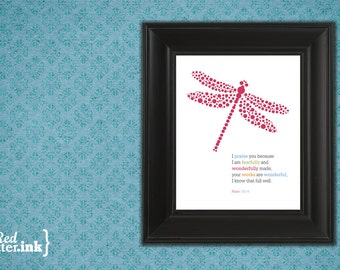 Girl Wall Print (multicolor text with dragonfly embellishment)  Psalm 139:14 - 8 x 10 Print