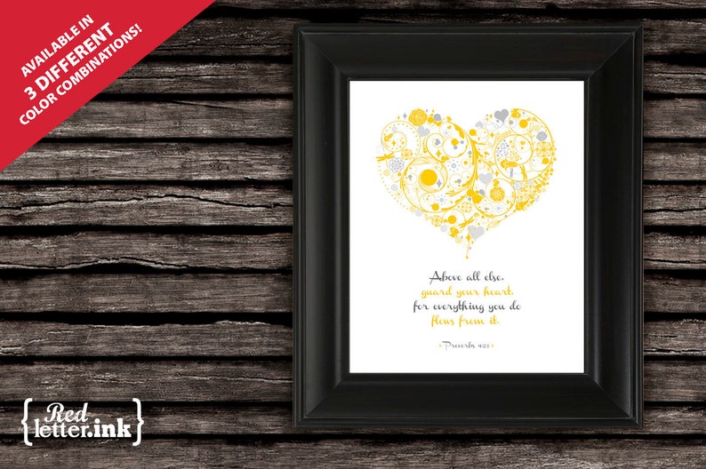 Wall Art Guard Your Heart 3 colors available Proverbs 4:23 8 x 10 Print image 1