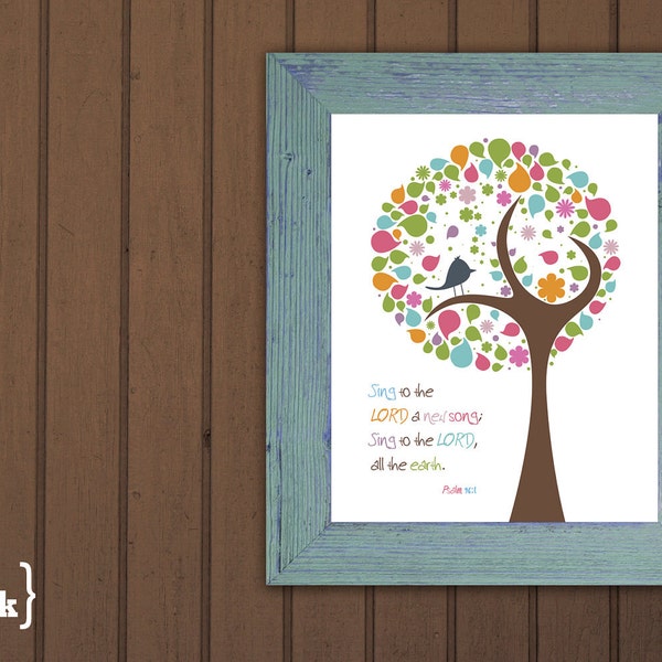 Wall Art (pink, green, multicolor with tree/bird embellishment)  Psalm 96:1 - 5 x 7 Print