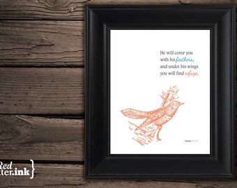 Wall Art - Covered with His Feathers (charcoal, seafoam, orange) Psalm 91:4 - 8 x 10 Print