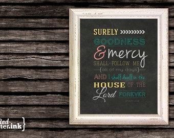 Wall Art - Surely Goodness (teal, melon, gold, gray) Psalm 23:6 - 8 x 10 Print