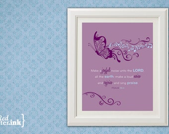 Girl Wall Print (purple, blue, white with butterfly embellishment)  Psalm 98:4 - 8 x 10 Print