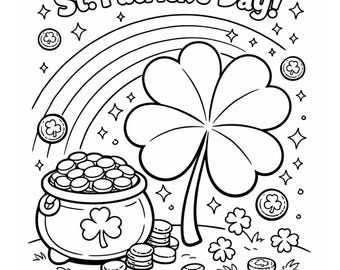 St Patrick's Day Coloring Page, Lucky Clover, Pot of Gold (PDF Download)