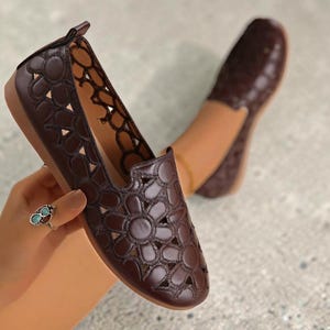 Brown Leather Cutout Flats for Women Floral Slip On Loafers Comfortable Casual Shoes Handmade Summer Footwear