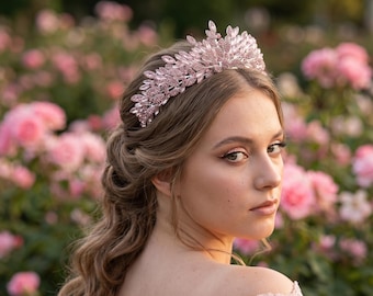 Pink Crystal Tiara, Rose Blush Bridal Crown, Pink Rhinestone Wedding Headpiece, Bridal Tiara, Pageant Crown, Prom Tiara, Quinceanera Crown