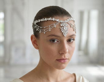 Bridal Forehead Chain, Crystal Drape Headpiece, Rhinestone Head Chain Wedding, Bridal Headband, Boho Bridal Headpiece, Prom Head Chain