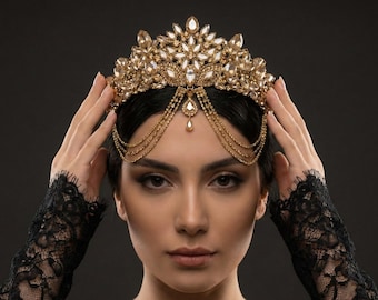 Gold Crystal Bridal Crown, Wedding Tiara with Chains, Royal Bridal Headpiece, Luxury Gold Bridal Hair Jewelry