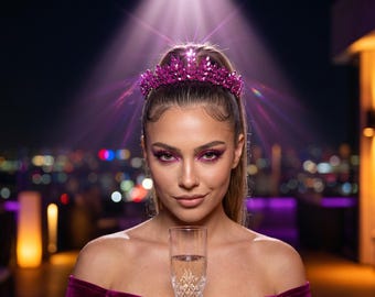 Fuchsia Crystal Tiara, Hot Pink Marquise Leaf Bridal Crown, Magenta Rhinestone Headpiece, Bridal Tiara, Pageant Crown, Prom Tiara, Party