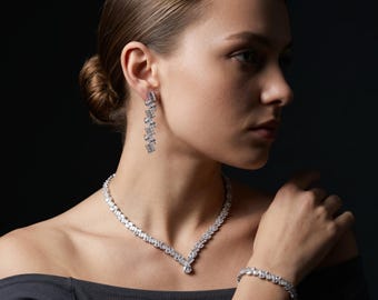 Bridal Jewelry Set, Cubic Zirconia Necklace Earring Bracelet Set, Crystal Wedding Jewelry, Silver Bridal Set, Prom Jewelry, Gift for Her