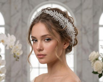 Crystal Fern Bridal Headpiece, Silver Beaded Leaf Hair Vine, Wedding Headband, Grecian Boho Bridal Hair Piece