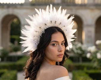 Feather Crown Headband, White Feather Bridal Halo, Crystal Baguette Wedding Headpiece, Boho Bridal Crown, Festival Crown, Prom Headband