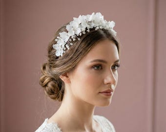 White Floral Bridal Crown, Pearl Crystal Wedding Flower Headpiece for Bride
