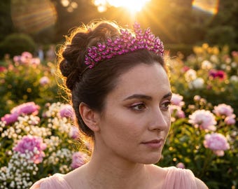 Fuchsia Crystal Tiara, Hot Pink Marquise Leaf Bridal Crown, Magenta Rhinestone Headpiece, Bridal Tiara, Pageant Crown, Prom Tiara, Party