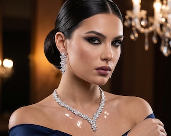 Crystal Bridal Jewelry Set, Zirconia Flower Cluster Necklace Earring Bracelet, Wedding Jewelry for Bride, Silver Bridal Set, Prom Gift
