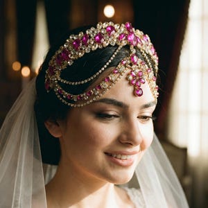 May include: A woman wearing a gold and pink jeweled headpiece with a veil. The headpiece features large pink gemstones and smaller clear crystals. The veil is white and sheer. The woman is smiling.