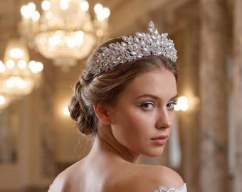 Bridal Crystal Tiara, Marquise Rhinestone Wedding Crown, Silver Leaf Tiara, Bridal Headpiece, Pageant Crown, Prom Tiara, Bridal Headband