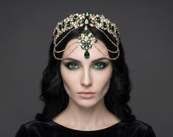 Emerald Green Crystal Bridal Crown, Emerald Green Forehead Jewelry, Gold Crystal Headpiece, Henna Night Accessories