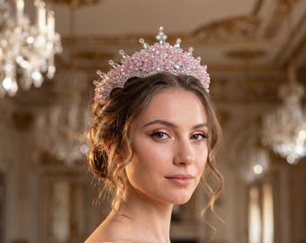 Pink Crystal Bridal Crown, Wedding Tiara for Bride, Elegant Pink Bridal Headpiece, Romantic Crystal Hair Jewelry
