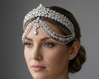 Crystal Bridal Tiara with Draped Chains, Silver Wedding Headpiece