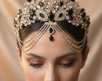 Gothic Wedding Bridal Crown, Black Gold Tiara with Chains, Royal Bridal Headpiece, Crystal Statement Hair Jewelry