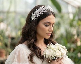 ブライダルヘッドバンド、クリスタルパールリーフウェディングヘッドピース、シルバーラインストーンブライダルクラウン、ブライダルティアラ、ページェントヘッドバンド、プロムヘッドピースブライダル