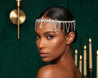 Tocado de cristal para la frente, cadena para la cabeza de novia, diadema con diamantes de imitación, joyería para el cabello de boda estilo boho, diadema con flecos para graduación, danza del vientre.