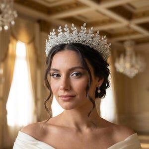 Mothers Day Sale ?Silver Pearl Crystal Crown Tiara | Bridal, Prom Headpiece Ornate silver crown tiara floral diadem bridal prom birthday  main image 4