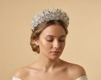 Pearl and Crystal Bridal Tiara, Silver Rhinestone Wedding Crown