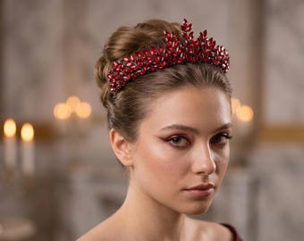 Red Crystal Tiara, Ruby Leaf Bridal Crown, Burgundy Rhinestone Headpiece, Red Tiara, Pageant Crown, Prom Tiara, Gothic Bridal Headpiece