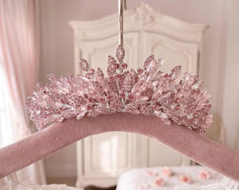 Tiara de cristal rosa, corona nupcial rosa ruborizada, tocado nupcial de diamantes de imitación rosas, tiara nupcial, corona de concurso de belleza, tiara de graduación, corona de quinceañera