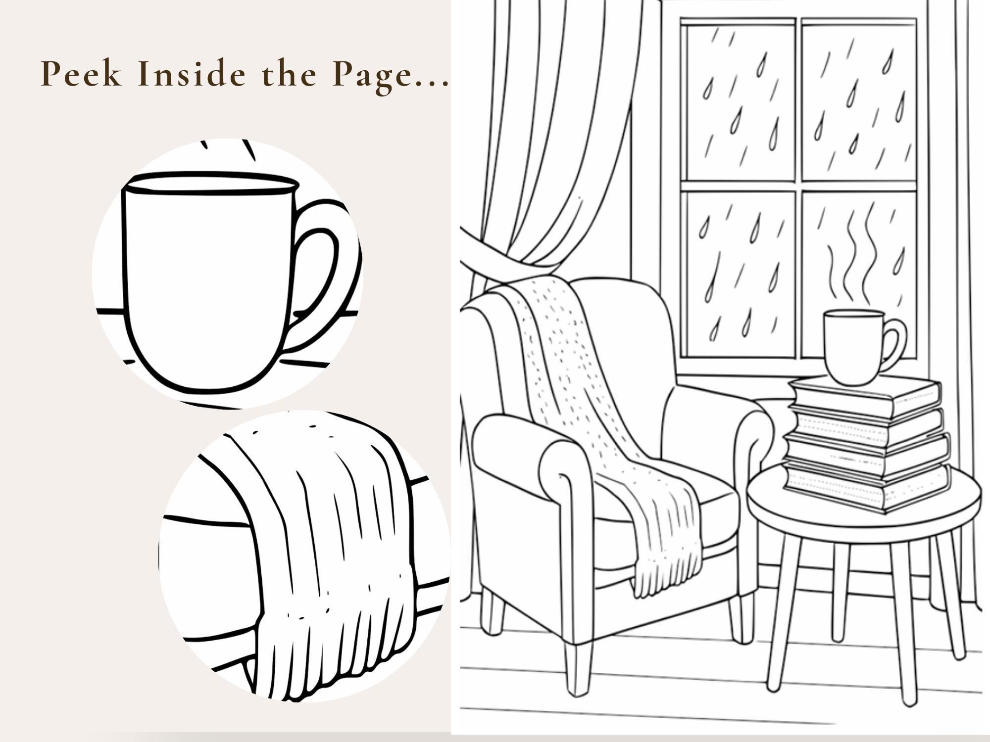 Cozy Reading Nook Coloring Page – Relaxing Book Lover Scene (printable ...