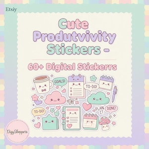 Könnte beinhalten: Eine Sammlung niedlicher digitaler Sticker in Pastellfarben. Die Sticker zeigen eine Kaffeetasse, Wolken, Kalender und Sprechblasen mit Text wie "Ziele!" und "Zu erledigen!". Der Text "Cute Productivity Stickers - 60+ Digital Stickers" wird angezeigt.