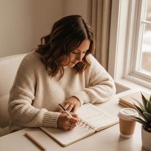 May include: A person wearing a cream-colored knit sweater writing in a spiral-bound planner with a pen. On the white desk, there is a brown paper coffee cup, a small potted succulent, and a wooden pencil, all arranged near a bright window.
