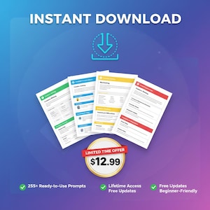 May include: A digital download graphic with the words "INSTANT DOWNLOAD" and a downward arrow icon. The image features several pages with headings like "Creative Writing" and "Marketing." A gold-colored badge reads "LIMITED TIME OFFER $12.99."
